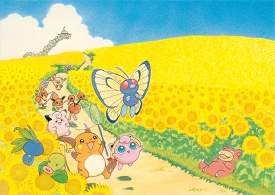 Farfetchd Michi Method scene — Pikachu's Summer Vacation Postcard - Sunflower Field by Keiko Fukuyama